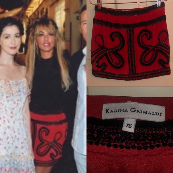 PreOwnedRed Silk with Black Beading Mini Skirt